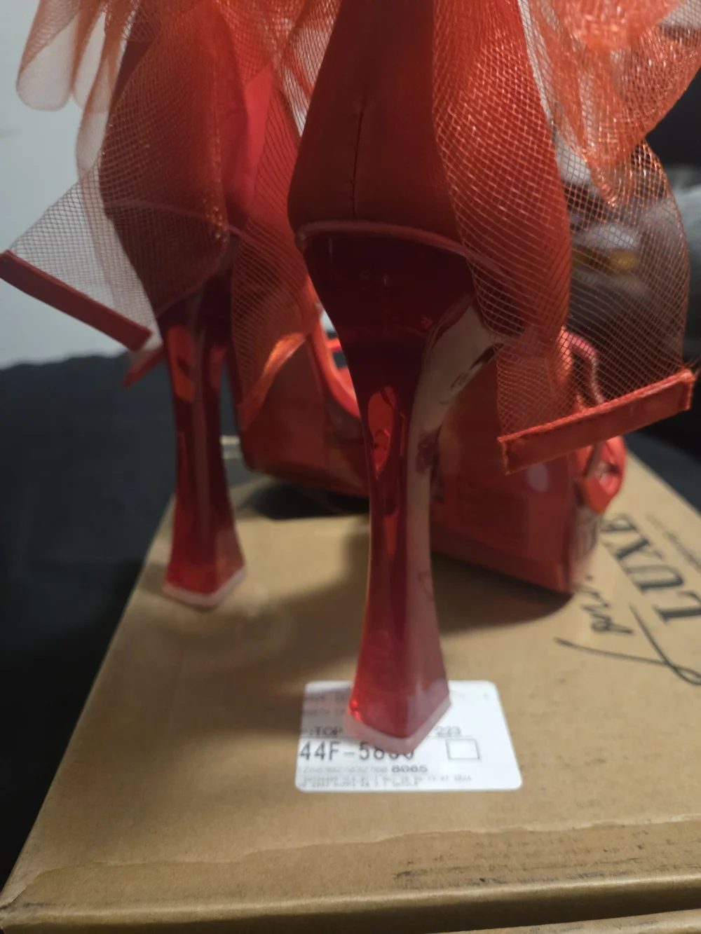 Red Platform Ankle-Strap Heels with Tulle Accent